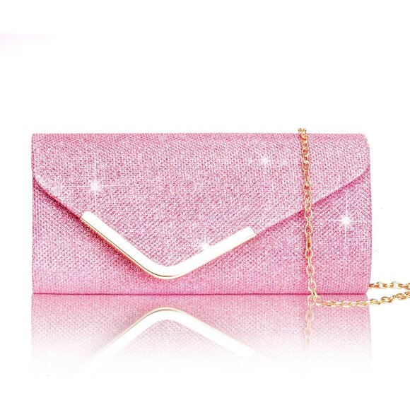 Women's Pink Shiny Sequin Envelope Clutch Evening Bag With Chain Fashion Sparkly - Picture 1 of 7
